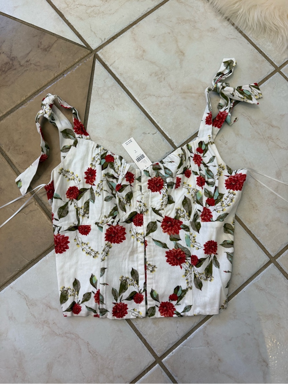 Anthropologie White Crop corset Tie-Shoulder Top with Red Floral Print